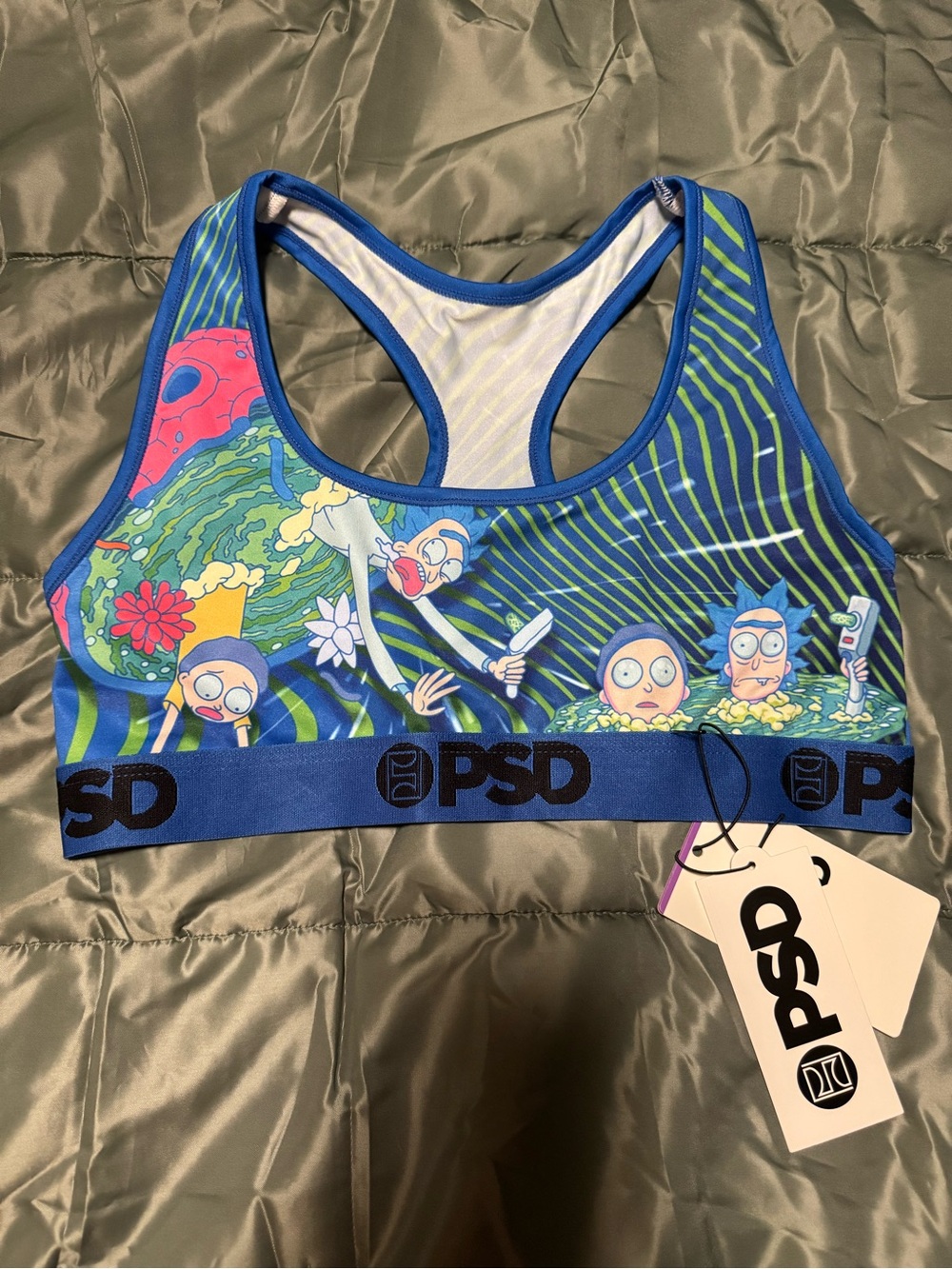 PSD women’s blue Rick & Morty Printed sports bra Sz L